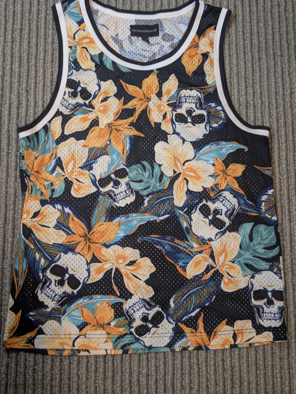 No Boundaries Mens Black Floral Skull Tank Top